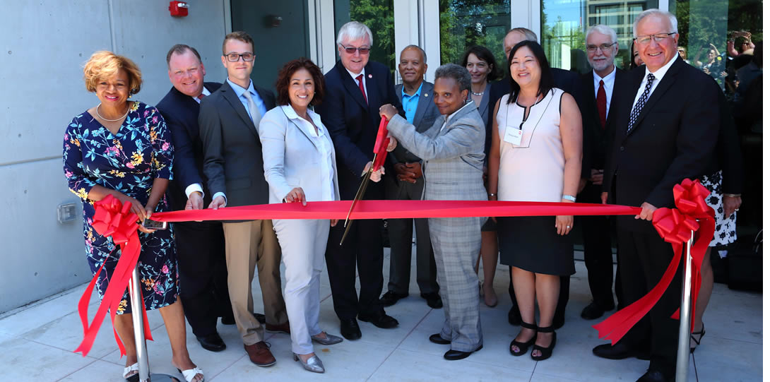 Chicago Mayor Lori Lightfoot and UIC Chancellor Michael Amiridis cut the ribbon at a ceremony July 22 for the opening of UIC’s new Engineering Innovation Building. The event was organized and publicized by by PGA.